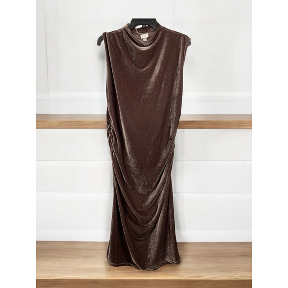 Size XL Brown A New Day Dress Velvet short sleeve midi mock neck ruching fitted - Picture 9 of 9